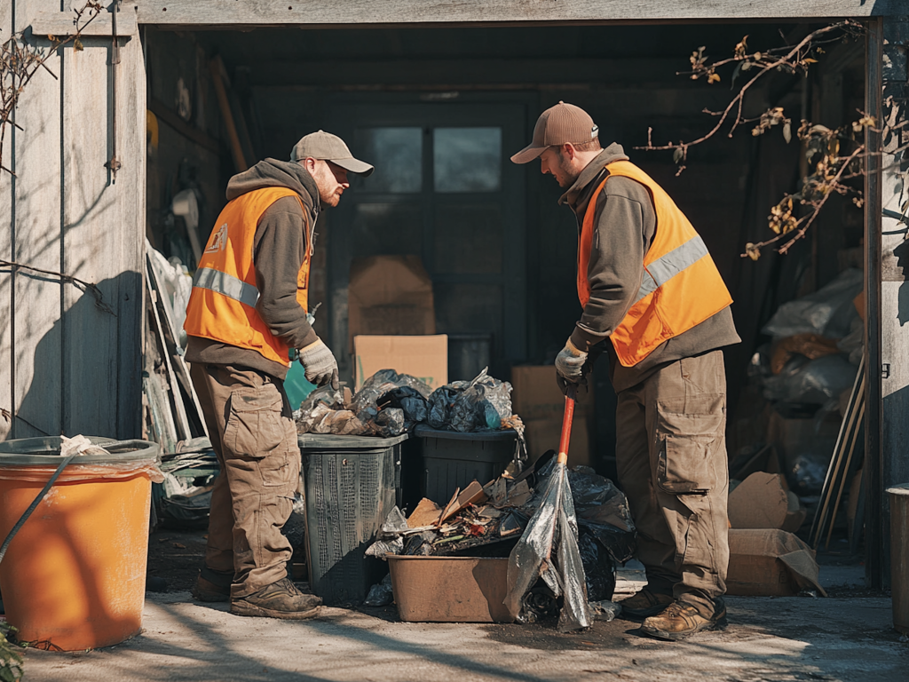 Two guys are clearaning waste from a garage